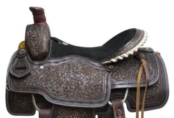 Antiqued Tooled Suede Seat Leather Barrel Saddle With tack set and free ship.