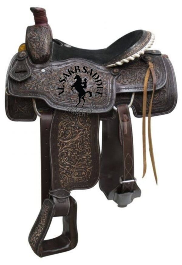 Antiqued Tooled Suede Seat Leather Barrel Saddle With tack set and free ship.