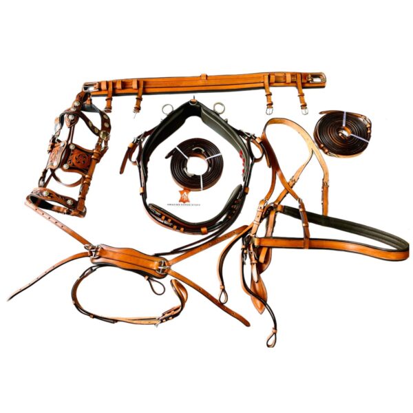 Stylish 3 tone Leather Driving harness for single horse -Natural/Royal blue/Brn